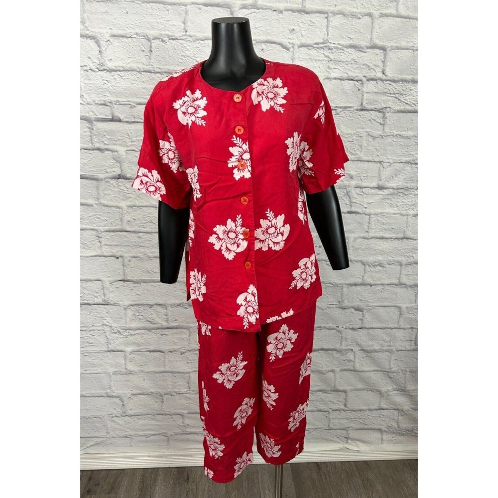 Intuitions Button-Up Casual Set Summer‎ Short Sleeve Loungewear Red Floral Sz 6